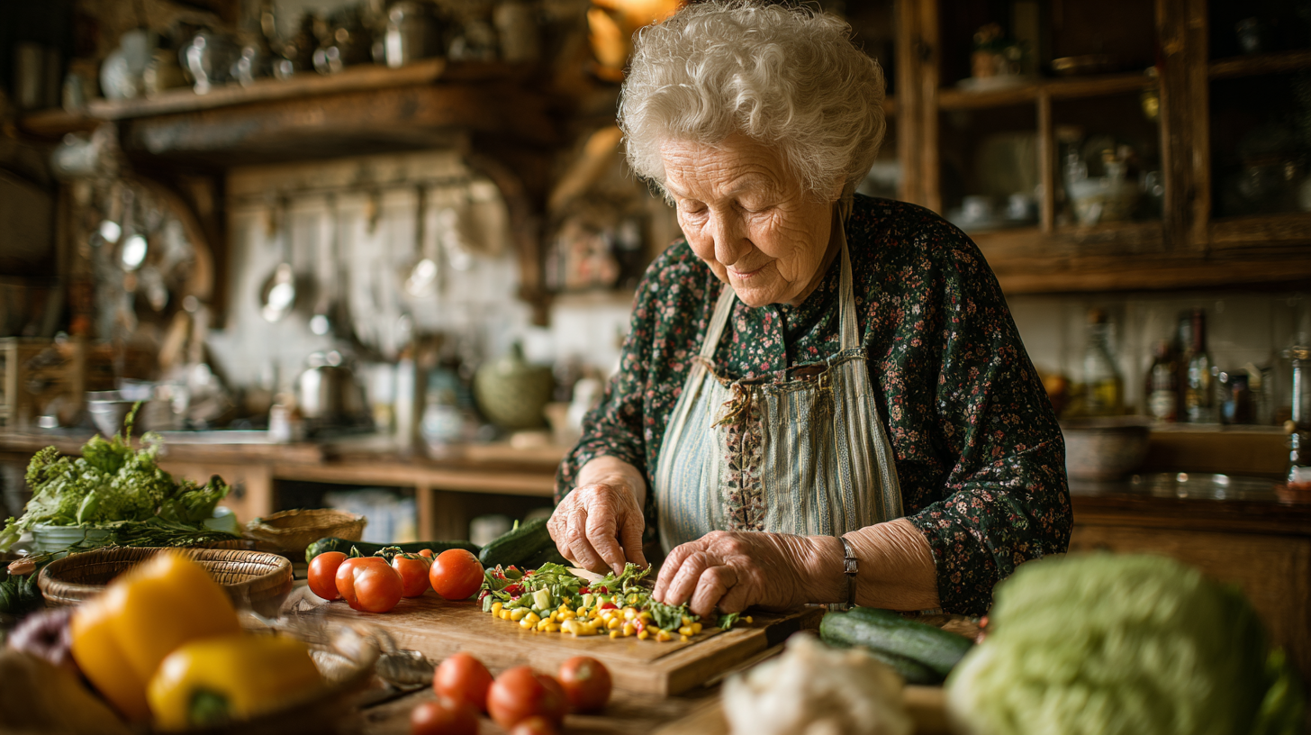 Щаслива старша пара готує здорову їжу на кухні